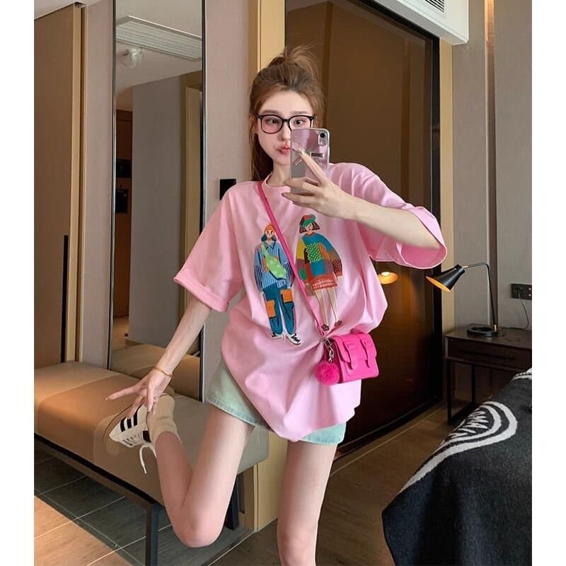거리 프린트 만화 프린트 루즈핏 커플 반팔 티셔츠 여성 순면 tee 가을 어깨 빅 사이즈 다섯 분리형 셔츠 이미지 2