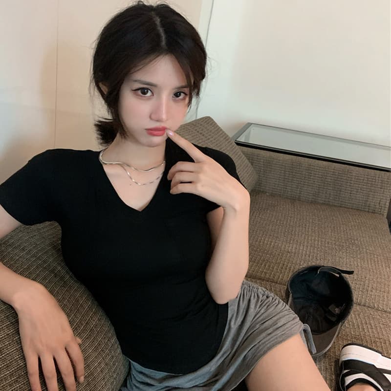 디자인 센스 순수한 욕망 여름 핫걸 바람 얇은 스타일 마이크로 ~을 통해 섹시함 V넥 티셔츠 여성 패션 외국 가스 캐주얼 반팔 맨위 상세 이미지 22
