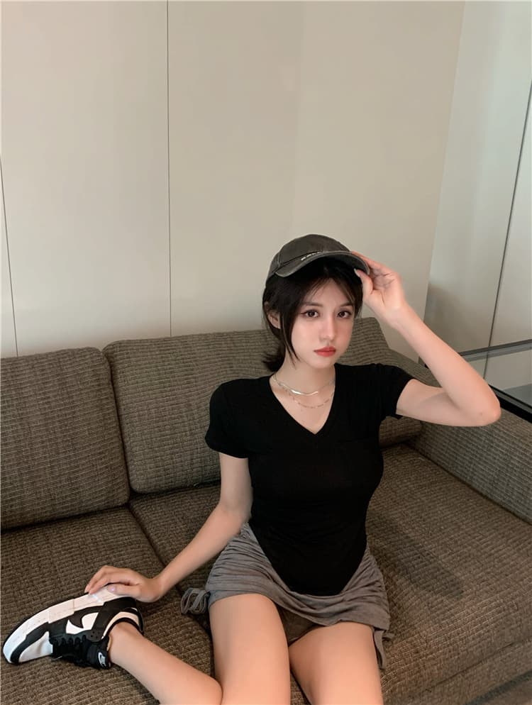 디자인 센스 순수한 욕망 여름 핫걸 바람 얇은 스타일 마이크로 ~을 통해 섹시함 V넥 티셔츠 여성 패션 외국 가스 캐주얼 반팔 맨위 상세 이미지 26