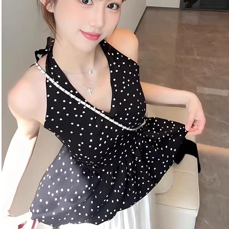 도트 무늬 쉬폰 불규칙 캐미솔 외출용 여름 아름다움 뒤로 인사이드 가져 가라. 섹시함 행침 목 백리스 민소매 맨위