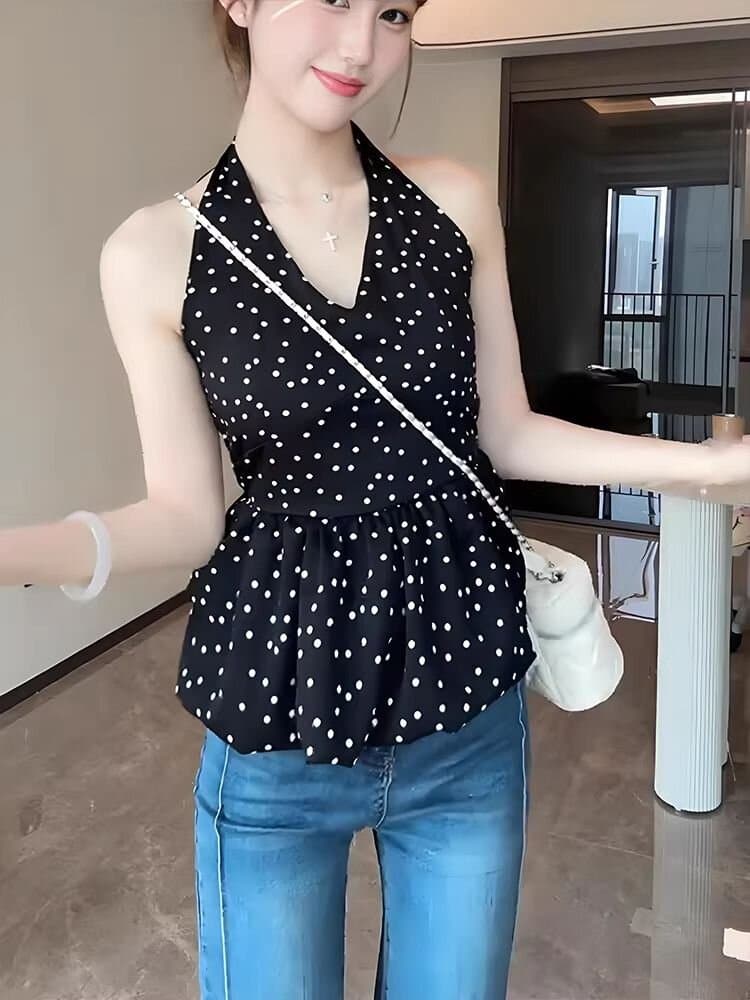 도트 무늬 쉬폰 불규칙 캐미솔 외출용 여름 아름다움 뒤로 인사이드 가져 가라. 섹시함 행침 목 백리스 민소매 맨위 이미지 2