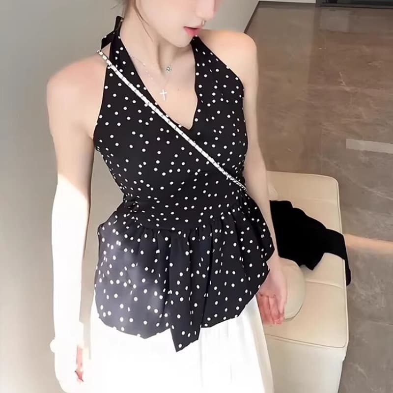 도트 무늬 쉬폰 불규칙 캐미솔 외출용 여름 아름다움 뒤로 인사이드 가져 가라. 섹시함 행침 목 백리스 민소매 맨위 이미지 5