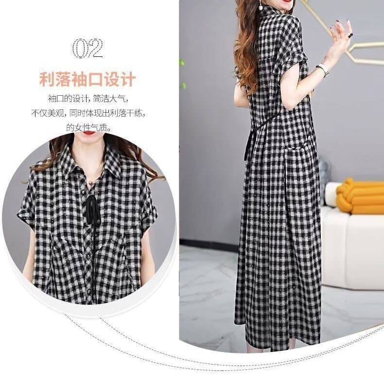 유럽 상품 넓은 에디션 루즈핏 체크무늬 드레스 여름 2026 새로운 빅 사이즈 표지 배 슬림해 보이는 대양 품격 패션 치마 이미지 4