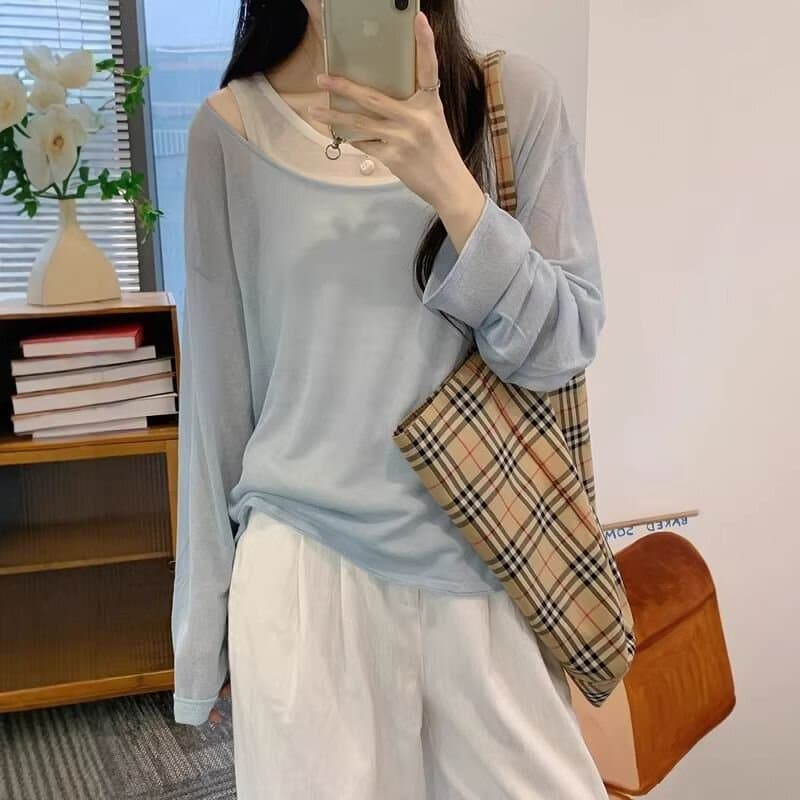 한 부서 고유 한 Chic 슈퍼 잘 생긴 맨위 스택 착용 캐미솔 외부 가져 가라. 긴팔 자외선 차단 블라우스 가짜 2 피스 슈트 여름 이미지 2