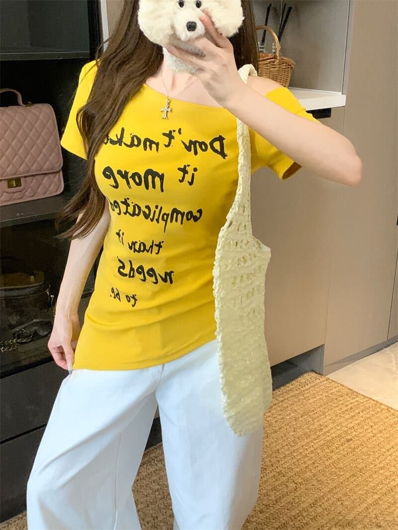 아메리칸 핫걸 바람 화이트 비스듬한 어깨 반팔 티셔츠 여성 의류 여름 디자인 센스 고유 한 허리 수축 오프숄더 맨위 이미지 4