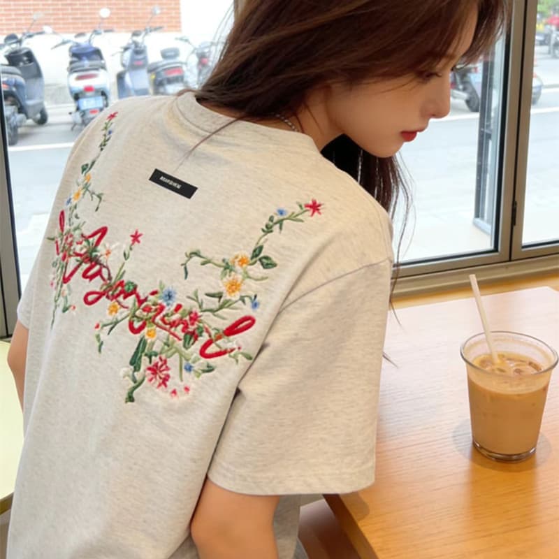 순면 아메리칸 꽃무늬 자수 알파벳 반팔 티셔츠 소녀 대 어린이 여름 중학교 고등학생 루즈핏 맨위 이미지 3