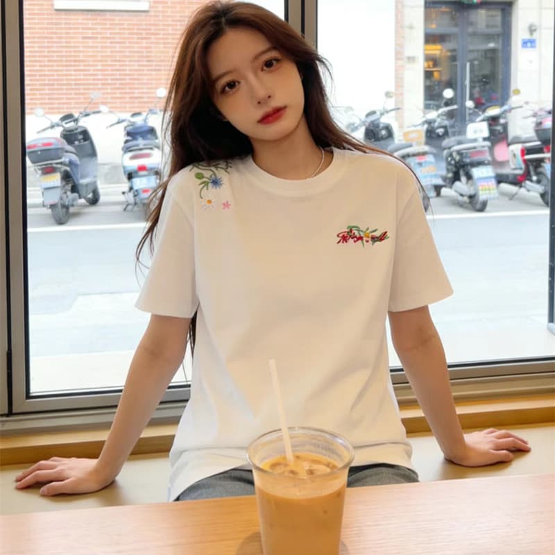 순면 아메리칸 꽃무늬 자수 알파벳 반팔 티셔츠 소녀 대 어린이 여름 중학교 고등학생 루즈핏 맨위 상세 이미지 2