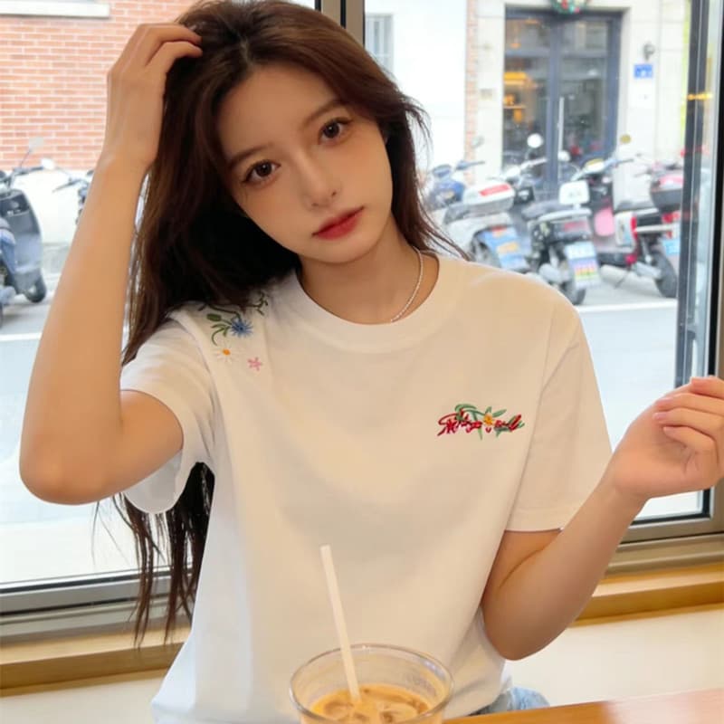 순면 아메리칸 꽃무늬 자수 알파벳 반팔 티셔츠 소녀 대 어린이 여름 중학교 고등학생 루즈핏 맨위 상세 이미지 3