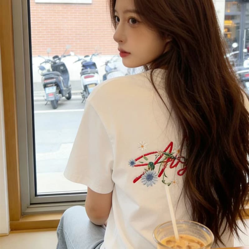 순면 아메리칸 꽃무늬 자수 알파벳 반팔 티셔츠 소녀 대 어린이 여름 중학교 고등학생 루즈핏 맨위 상세 이미지 4