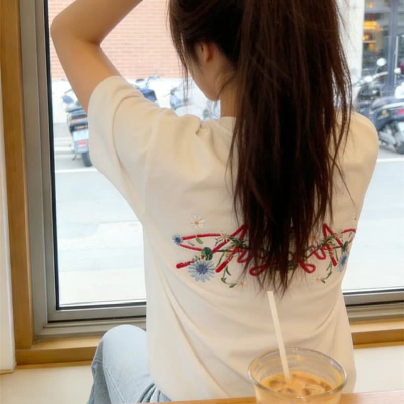 순면 아메리칸 꽃무늬 자수 알파벳 반팔 티셔츠 소녀 대 어린이 여름 중학교 고등학생 루즈핏 맨위 상세 이미지 5