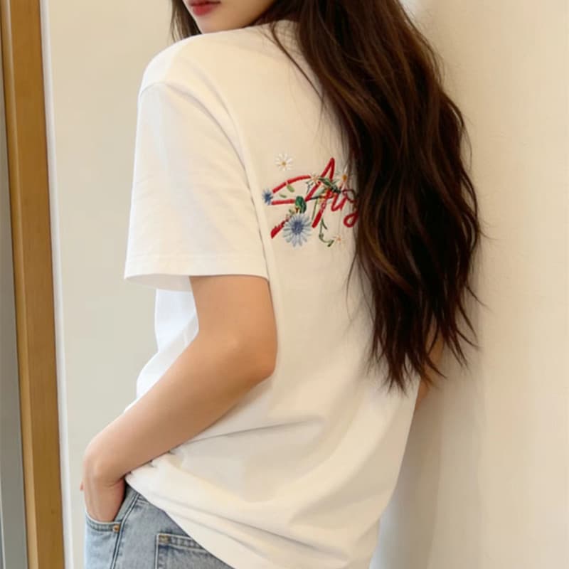순면 아메리칸 꽃무늬 자수 알파벳 반팔 티셔츠 소녀 대 어린이 여름 중학교 고등학생 루즈핏 맨위 상세 이미지 6