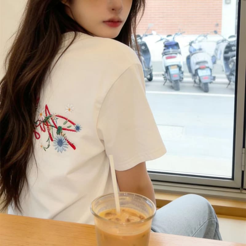 순면 아메리칸 꽃무늬 자수 알파벳 반팔 티셔츠 소녀 대 어린이 여름 중학교 고등학생 루즈핏 맨위 상세 이미지 7