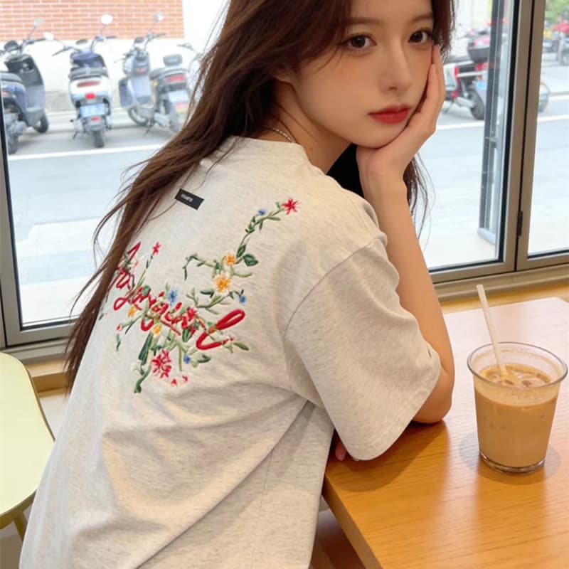 순면 아메리칸 꽃무늬 자수 알파벳 반팔 티셔츠 소녀 대 어린이 여름 중학교 고등학생 루즈핏 맨위 상세 이미지 9