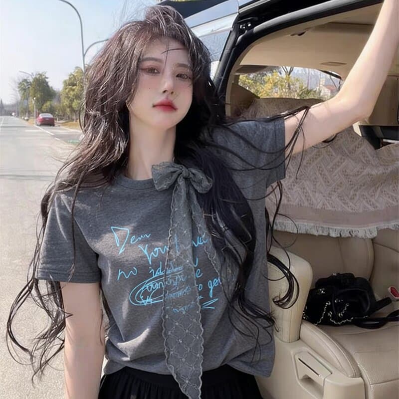 회색 레이스 나비 매듭 라운드 넥 반팔 티셔츠 여성 여름 프랑스식 작은 키 한 부서 Chic 아름다운 순면 맨위
