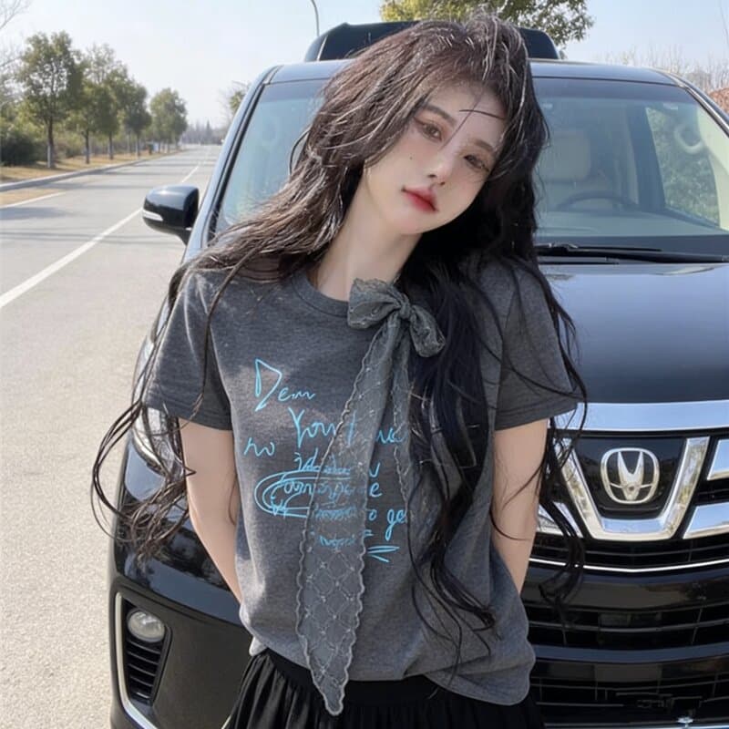 회색 레이스 나비 매듭 라운드 넥 반팔 티셔츠 여성 여름 프랑스식 작은 키 한 부서 Chic 아름다운 순면 맨위 이미지 2
