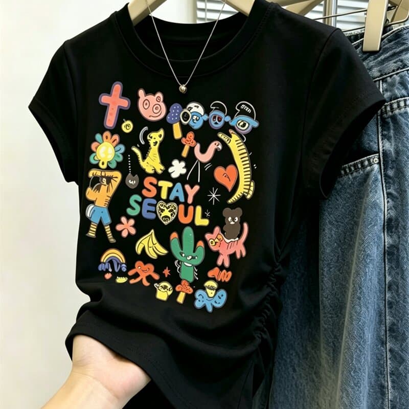 아메리칸 재미있는 만화 프린트 긍정적 인 어깨 반팔 티셔츠 여성 여름 작은 키 외국 가스 허리 수축 주름 장식 핫걸 맨위 상세 이미지 3