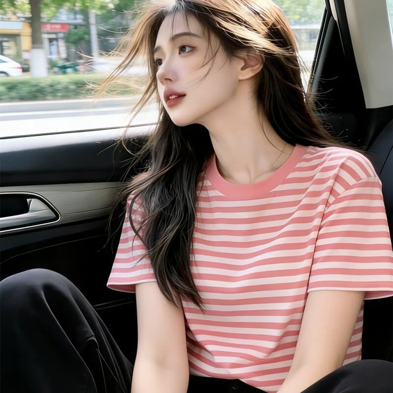 배색 스트라이프 긍정적 인 어깨 반팔 티셔츠 여성 의류 여름 2026 새로운 레트로 항구 바람 다용도 라운드 넥 동정 맨위 상세 이미지 2
