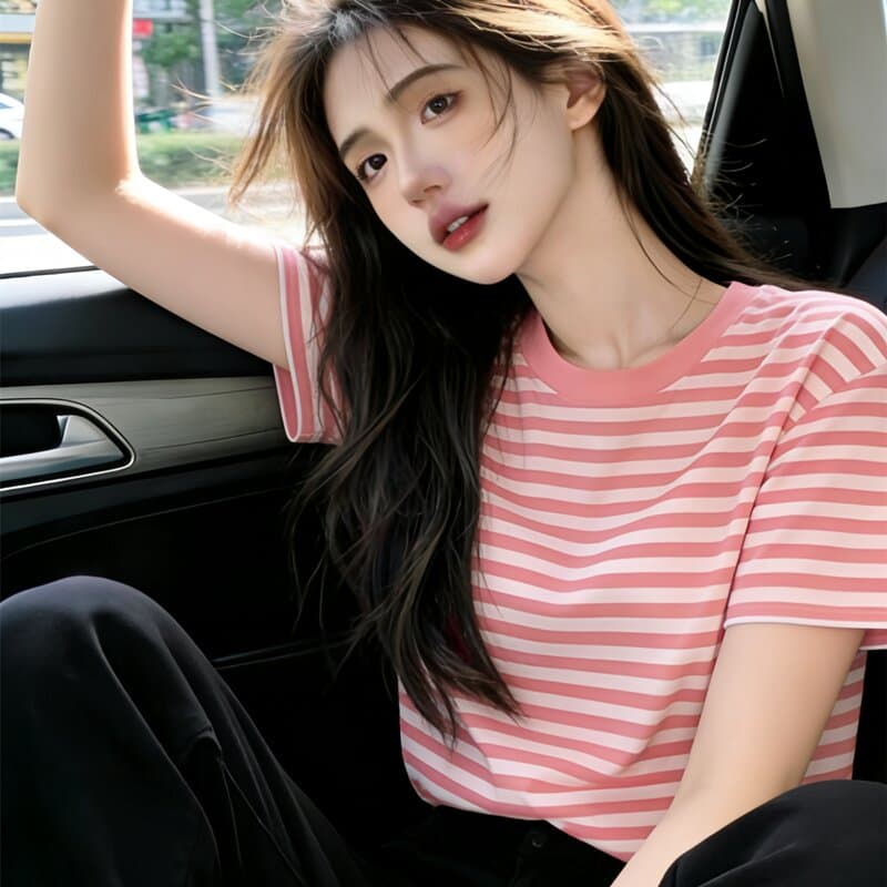 배색 스트라이프 긍정적 인 어깨 반팔 티셔츠 여성 의류 여름 2026 새로운 레트로 항구 바람 다용도 라운드 넥 동정 맨위 상세 이미지 3