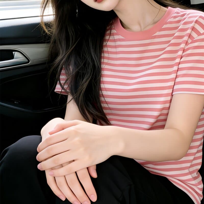 배색 스트라이프 긍정적 인 어깨 반팔 티셔츠 여성 의류 여름 2026 새로운 레트로 항구 바람 다용도 라운드 넥 동정 맨위 상세 이미지 6
