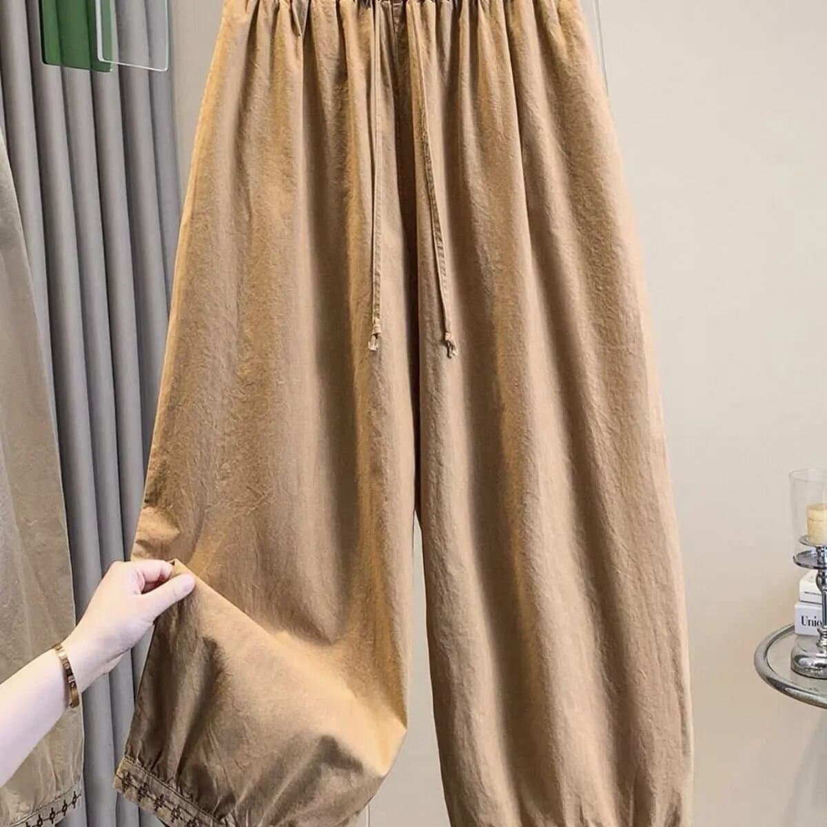 면 린넨 랜턴 와이드 레깅스 바지 여름 8 점 캐주얼 바지 2026 새로운 자수 바지 루즈핏 무 하렘 바지 이미지 3