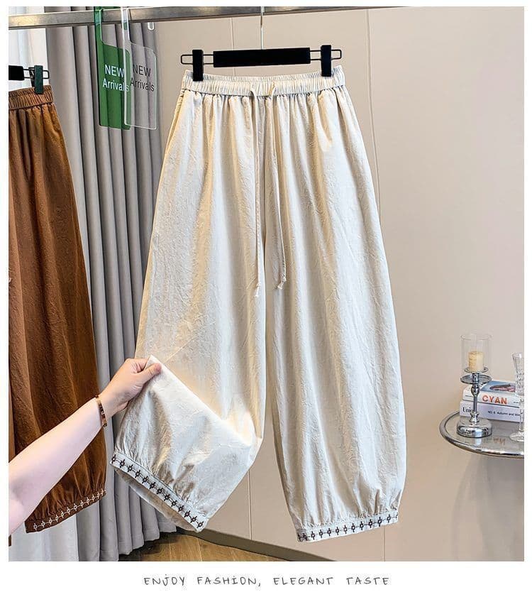 면 린넨 랜턴 와이드 레깅스 바지 여름 8 점 캐주얼 바지 2026 새로운 자수 바지 루즈핏 무 하렘 바지 상세 이미지 2