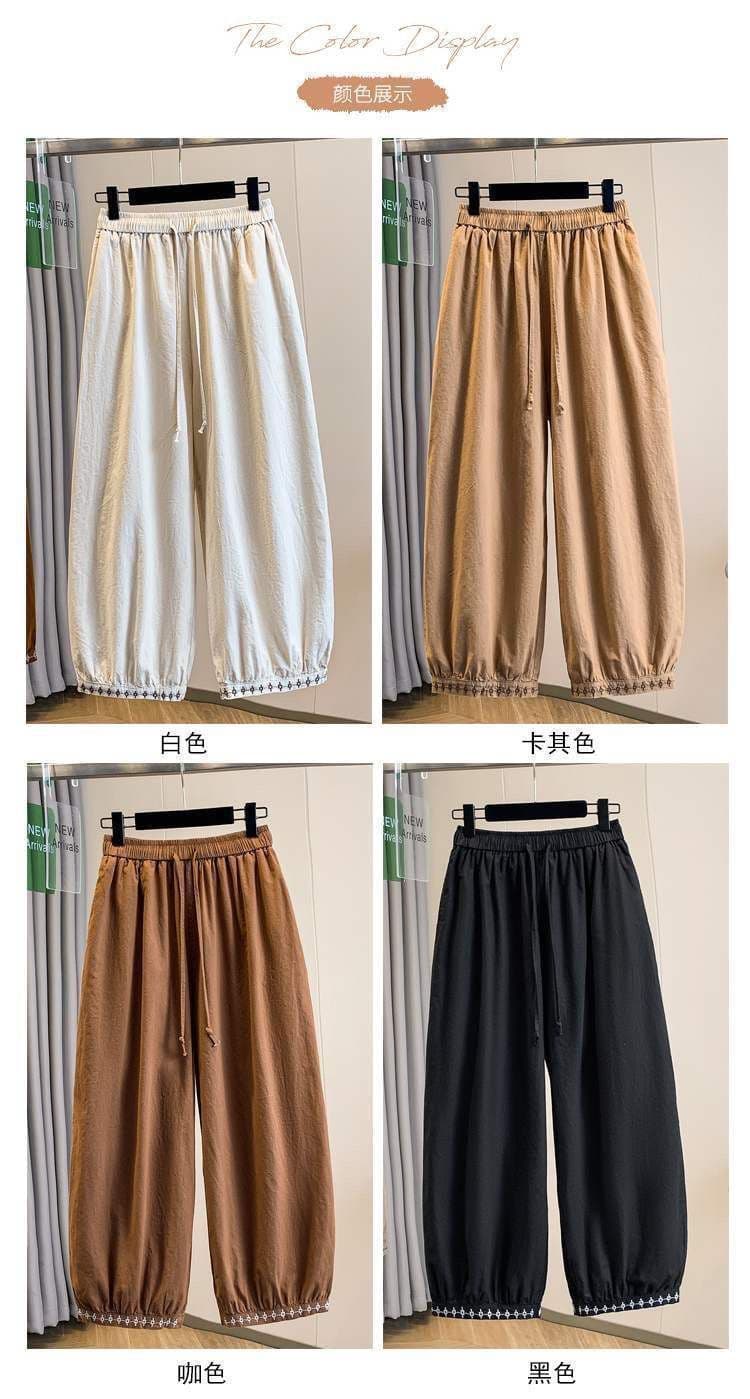 면 린넨 랜턴 와이드 레깅스 바지 여름 8 점 캐주얼 바지 2026 새로운 자수 바지 루즈핏 무 하렘 바지 상세 이미지 3
