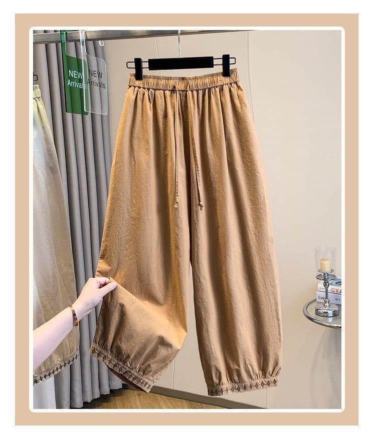 면 린넨 랜턴 와이드 레깅스 바지 여름 8 점 캐주얼 바지 2026 새로운 자수 바지 루즈핏 무 하렘 바지 상세 이미지 6