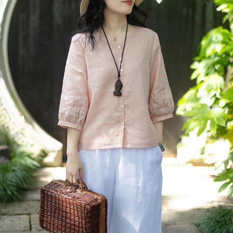 문예 레트로 면 린넨 자수 7부 소매 여성 셔츠 여름 고급 면 린넨 단색 연령 감소 품격 라운드 넥 맨위