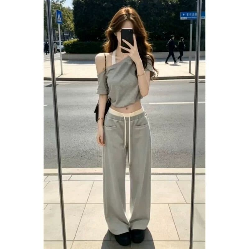 한 부서 그레이트 통해보기 가져 가라. 전체 집합 2026 새로운 회색 비스듬한 어깨 의류 여성 여름 와이드 레그 팬츠 캐주얼 세트