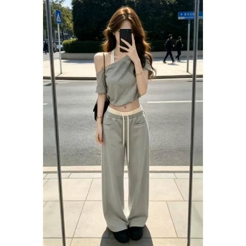 한 부서 그레이트 통해보기 가져 가라. 전체 집합 2026 새로운 회색 비스듬한 어깨 의류 여성 여름 와이드 레그 팬츠 캐주얼 세트 이미지 3