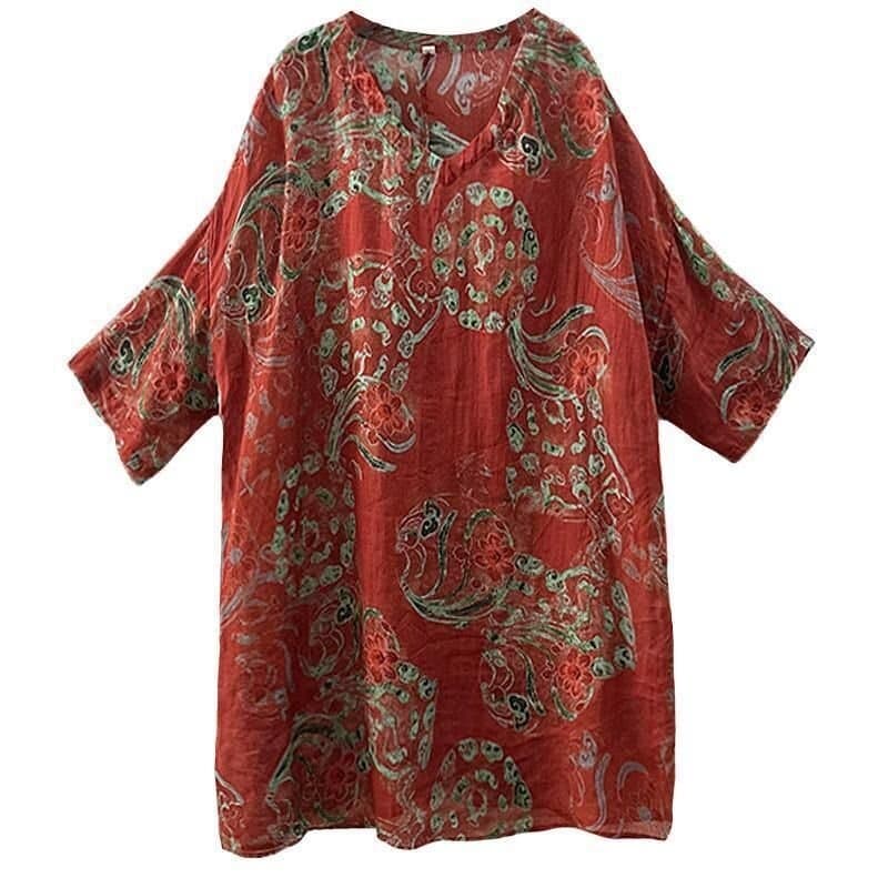 2026 여름 새로운 레트로 프린트 중간 소매 V넥 루즈핏 외국 가스 문예 캐주얼 개성 다용도 셔츠 이미지 5