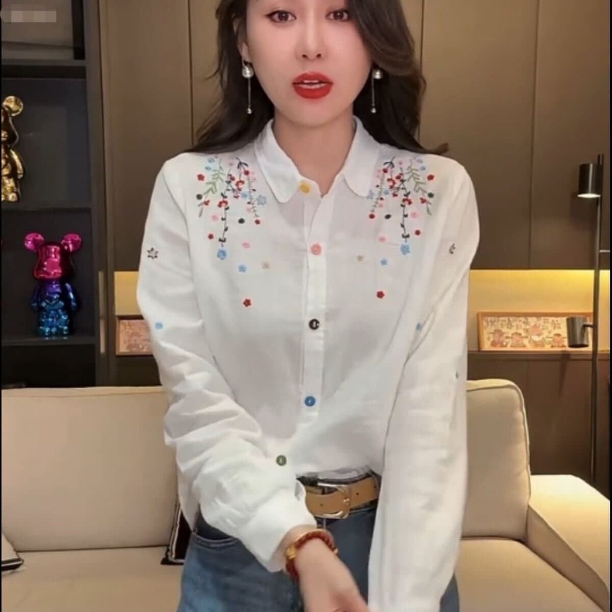 한국 스타일 봄 여름 가을 의상 새로운 자수 꽃무늬 셔츠 여성 긴 소매 폴로 칼라 화이트 셔츠 출퇴근 바람 다용도 맨위 이미지 2