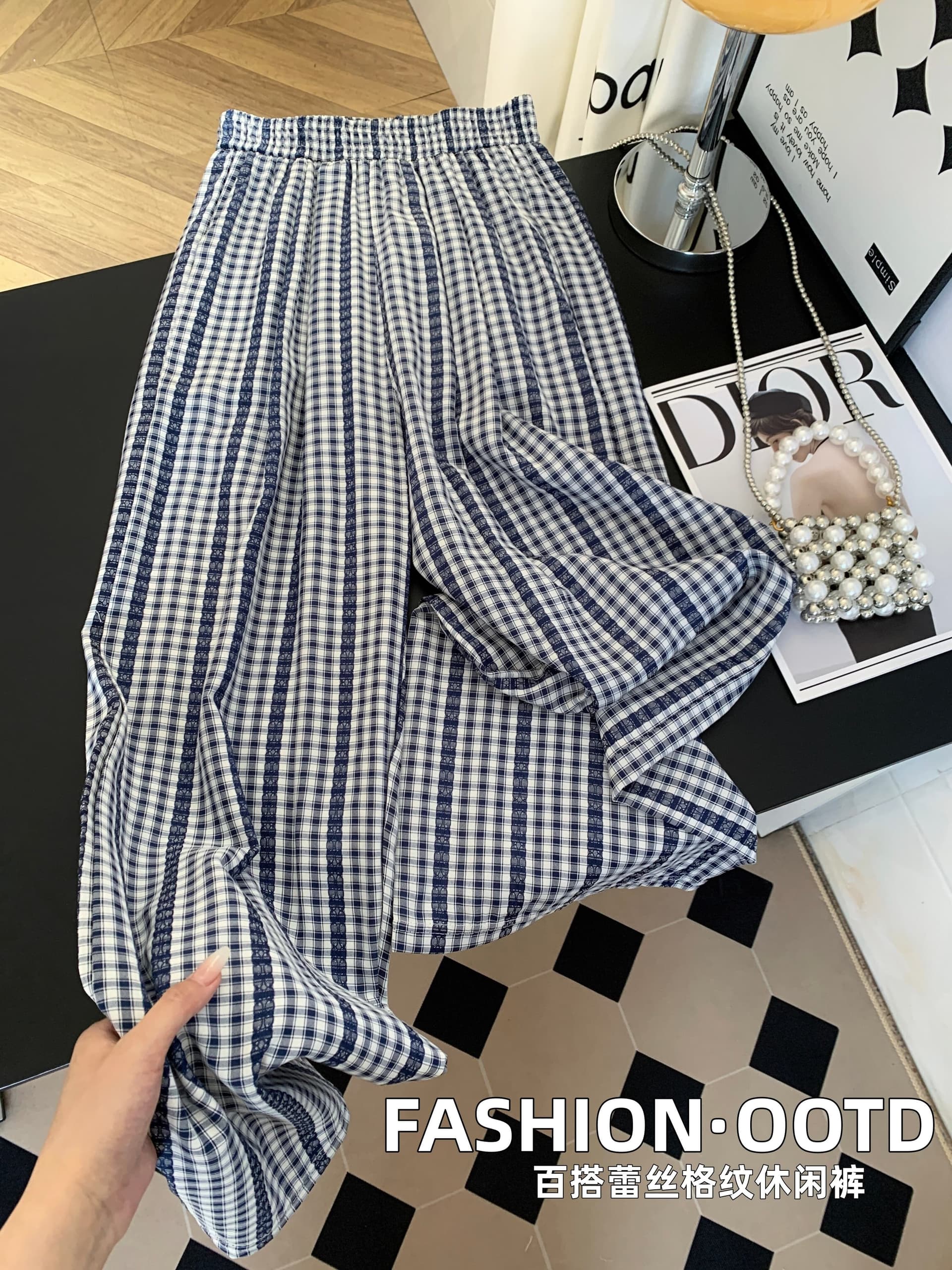 여름 파란색 패치워크 레이스 체크무늬 바지 여성 하이웨이스트 다용도 도루 센스 루즈핏 느긋한 바람 캐주얼 넓은 다리 길이 바지