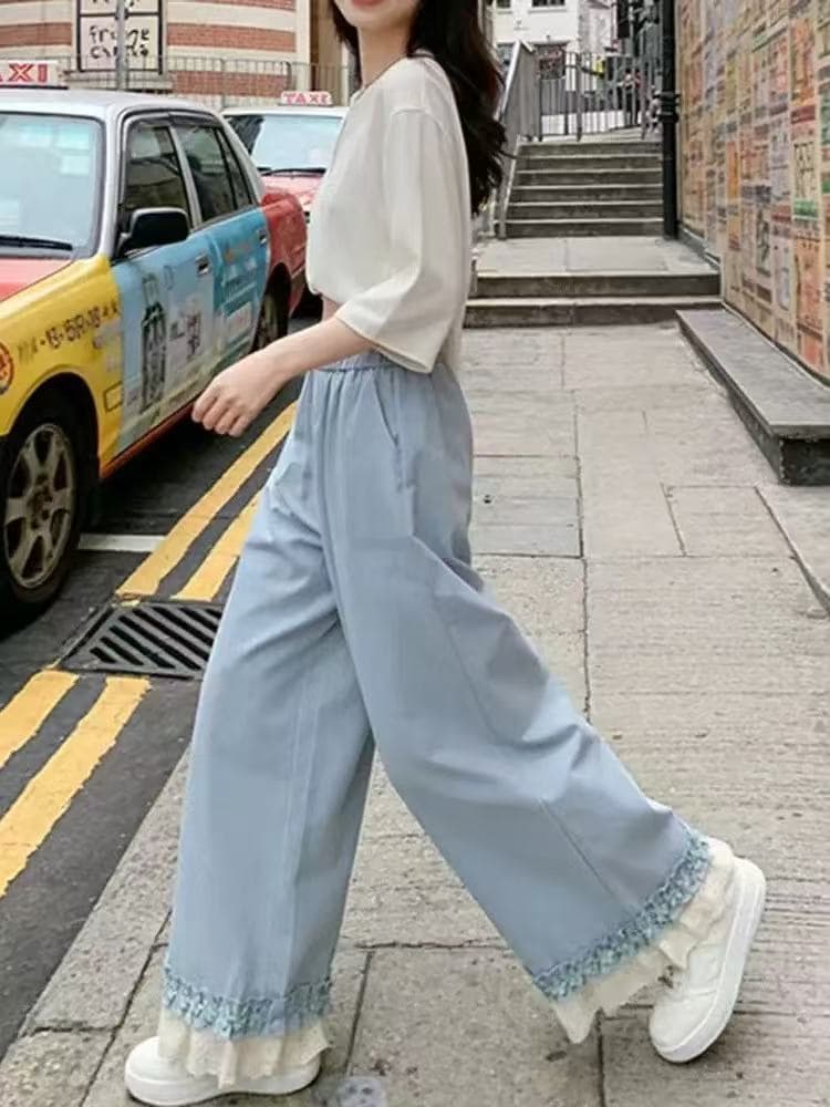 레이스 측면 패치워크 파란색 야마모토 와이드 레깅스 바지 봄 여름 얇은 스타일 2026 작은 키 스트레이트 9 포인트 캐주얼 바지 이미지 2