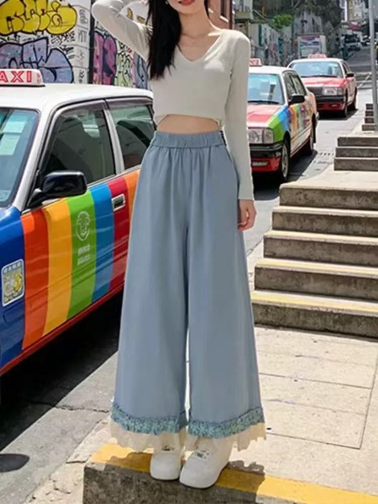 레이스 측면 패치워크 파란색 야마모토 와이드 레깅스 바지 봄 여름 얇은 스타일 2026 작은 키 스트레이트 9 포인트 캐주얼 바지 이미지 4