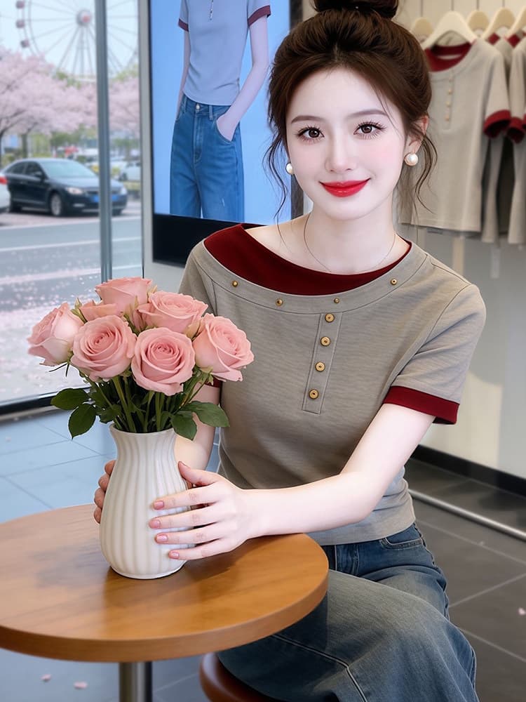2026 여름 새로운 라운드 넥 배색 패치워크 반팔 티셔츠 여성 페이크 레이어드 몸매 가꾸기 슬림해 보이는 세련된 외국 가스 맨위 이미지 4