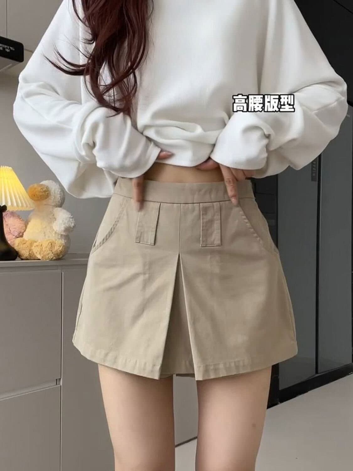 페이크 레이어드 카키 색 워크웨어 바람 반바지 여성 여름 새로운 아메리칸 핫걸 작은 대중 디자인 센스 하이웨이스트 와이드 레그 팬츠 상세 이미지 2