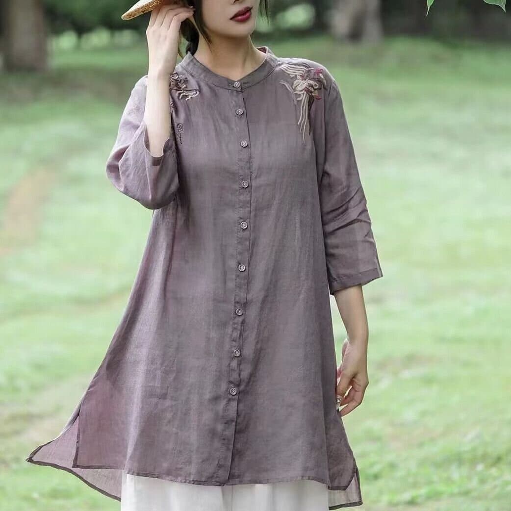면 린넨 자수 셔츠 여성 의류 여름 새로운 루즈핏 중간 길이 캐주얼 셔츠 다용도 편안함 통기성 얇은 코트 이미지 4