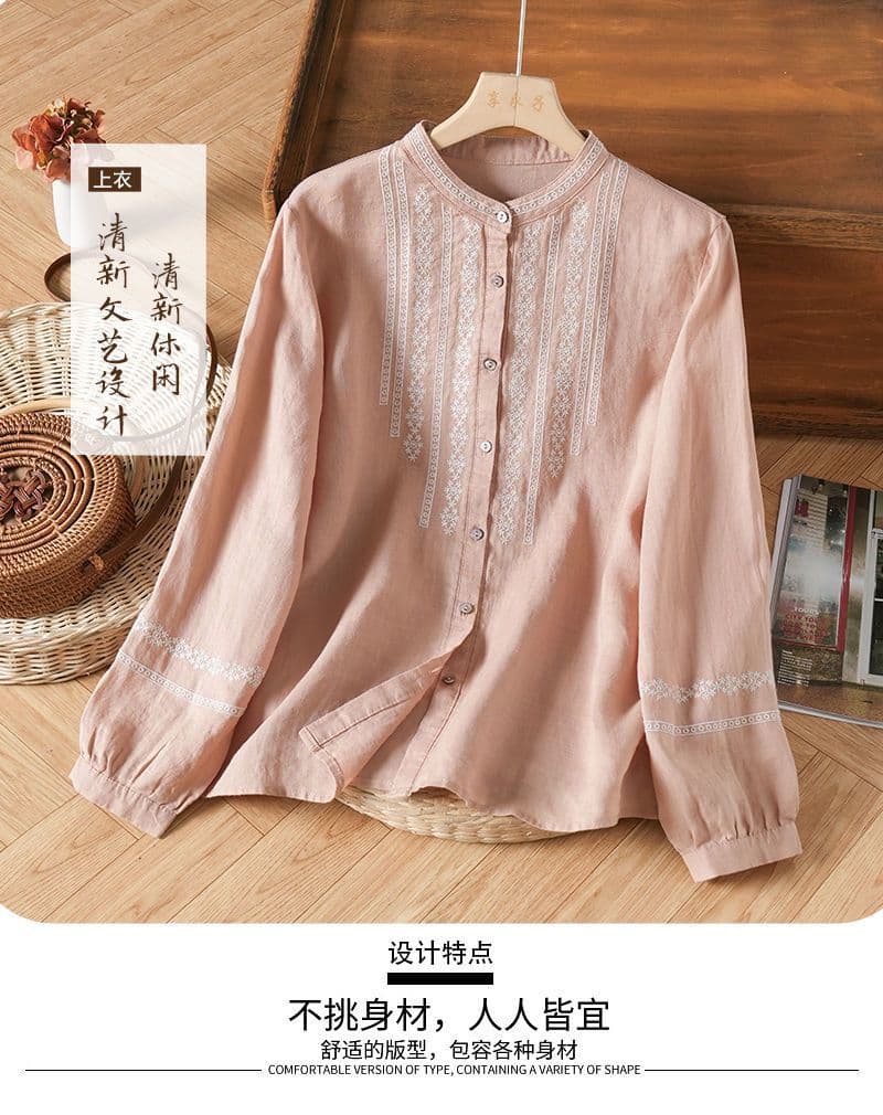 디자인 센스 작은 대중 자수 면 린넨 스탠드 칼라 셔츠 여성 의류 봄 가을 새로운 레트로 문예 루즈핏 긴팔 맨위 트렌디 상세 이미지 4
