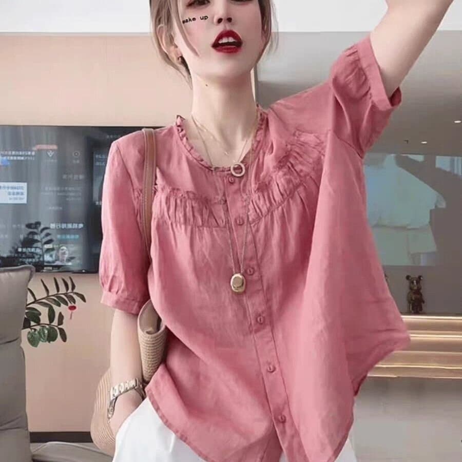 목이버섯 레이스 작은 청신 면 린넨 라운드 넥 셔츠 2026 여름 새로운 단색 5 점 소매 셔츠 루즈핏 슬림해 보이는 이미지 3