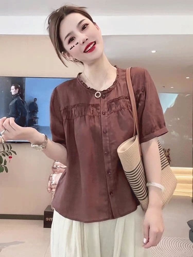 목이버섯 레이스 작은 청신 면 린넨 라운드 넥 셔츠 2026 여름 새로운 단색 5 점 소매 셔츠 루즈핏 슬림해 보이는 상세 이미지 6