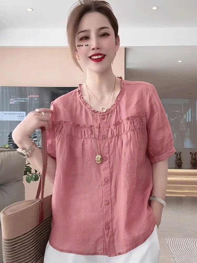 목이버섯 레이스 작은 청신 면 린넨 라운드 넥 셔츠 2026 여름 새로운 단색 5 점 소매 셔츠 루즈핏 슬림해 보이는 상세 이미지 7