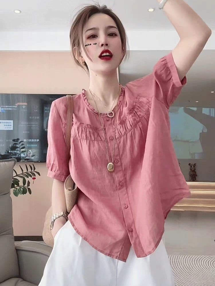 목이버섯 레이스 작은 청신 면 린넨 라운드 넥 셔츠 2026 여름 새로운 단색 5 점 소매 셔츠 루즈핏 슬림해 보이는 상세 이미지 8
