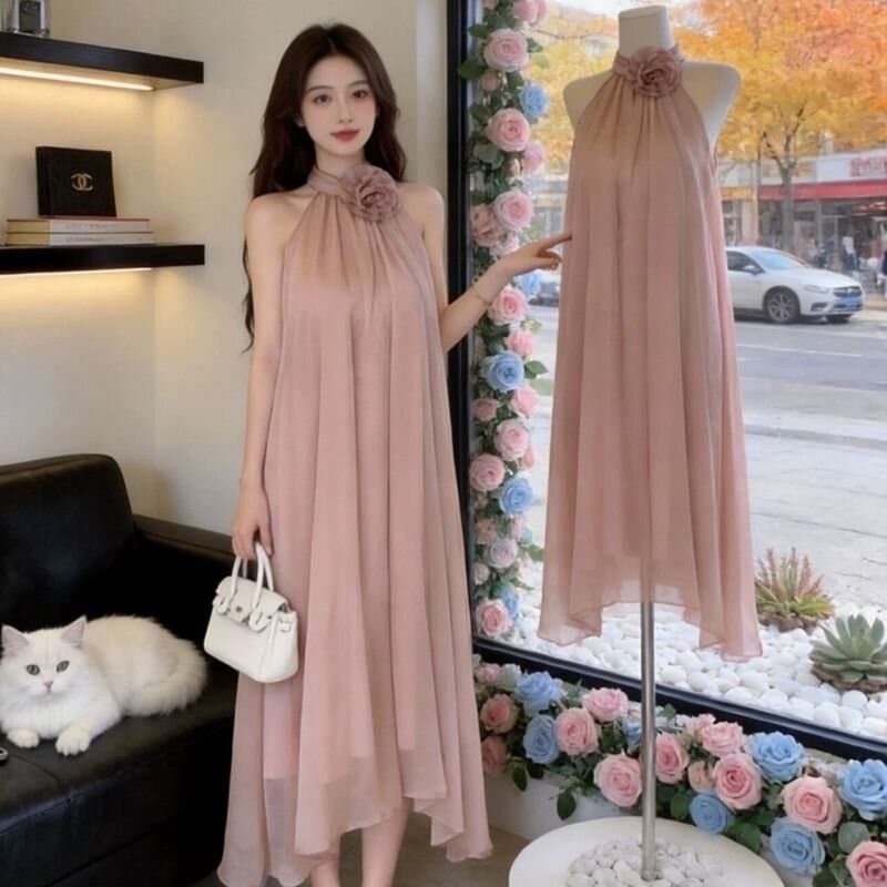 휴가 바람 핑크색 행침 목 여성 드레스 여름 고유 한 아름다운 작은 치마 3 차원 꽃 슈퍼 요정 롱 스커트 해변가 이미지 4