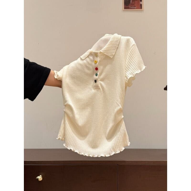 한 부서 POLO 칼라 색상 단추 반팔 티셔츠 여성 2026 년 여름 새로운 프릴 허리 수축 주름 맨위 이미지 3
