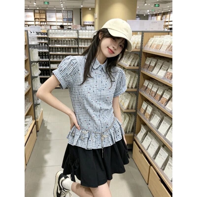 한 부서 색상 포인트 프릴 체크무늬 POLO 칼라 반팔 여성 셔츠 여름 학원 스타일 허리 수축 슬림해 보이는 아름다운 맨위 상세 이미지 2