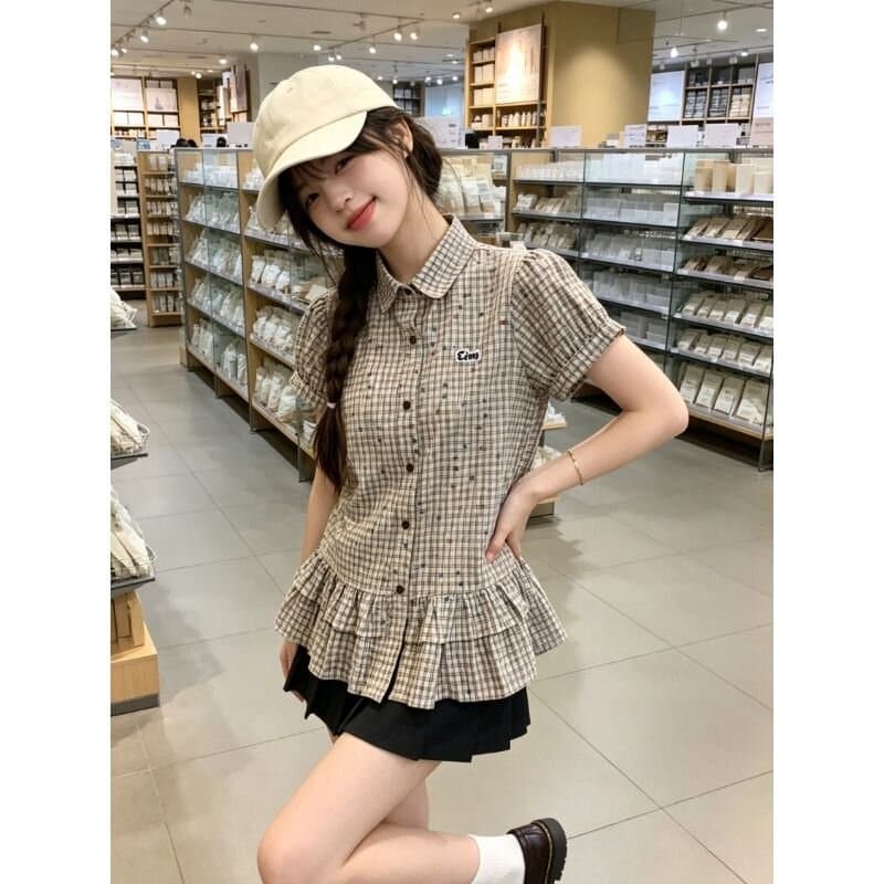 한 부서 색상 포인트 프릴 체크무늬 POLO 칼라 반팔 여성 셔츠 여름 학원 스타일 허리 수축 슬림해 보이는 아름다운 맨위 상세 이미지 3
