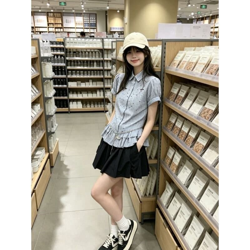 한 부서 색상 포인트 프릴 체크무늬 POLO 칼라 반팔 여성 셔츠 여름 학원 스타일 허리 수축 슬림해 보이는 아름다운 맨위 상세 이미지 4