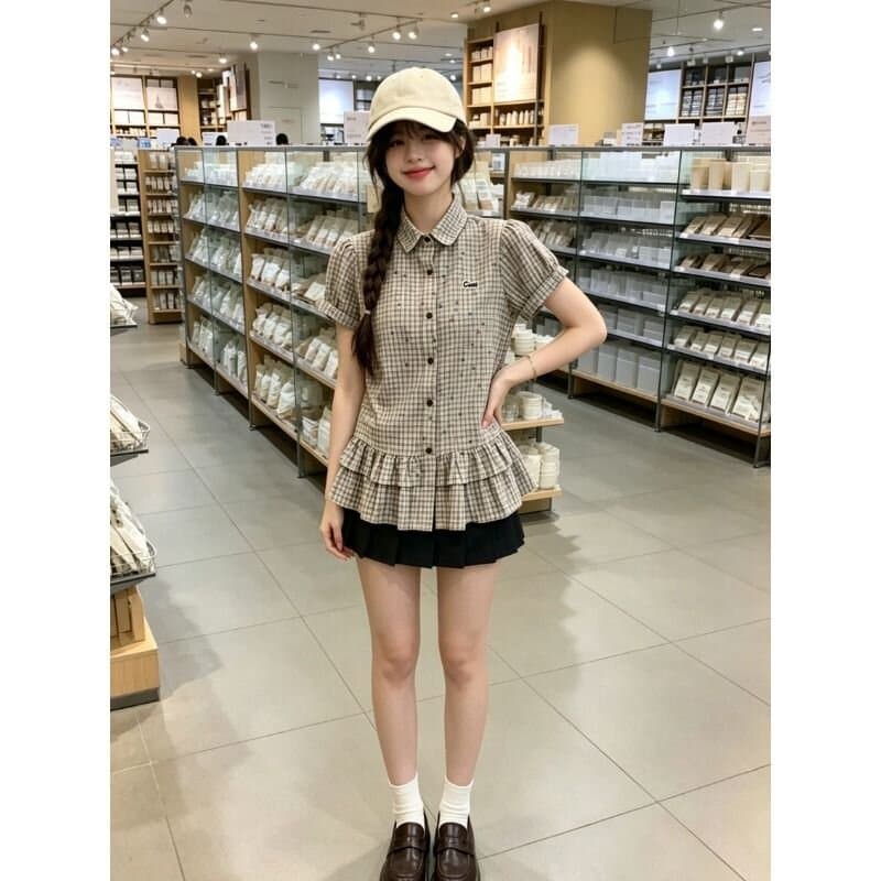 한 부서 색상 포인트 프릴 체크무늬 POLO 칼라 반팔 여성 셔츠 여름 학원 스타일 허리 수축 슬림해 보이는 아름다운 맨위 상세 이미지 5