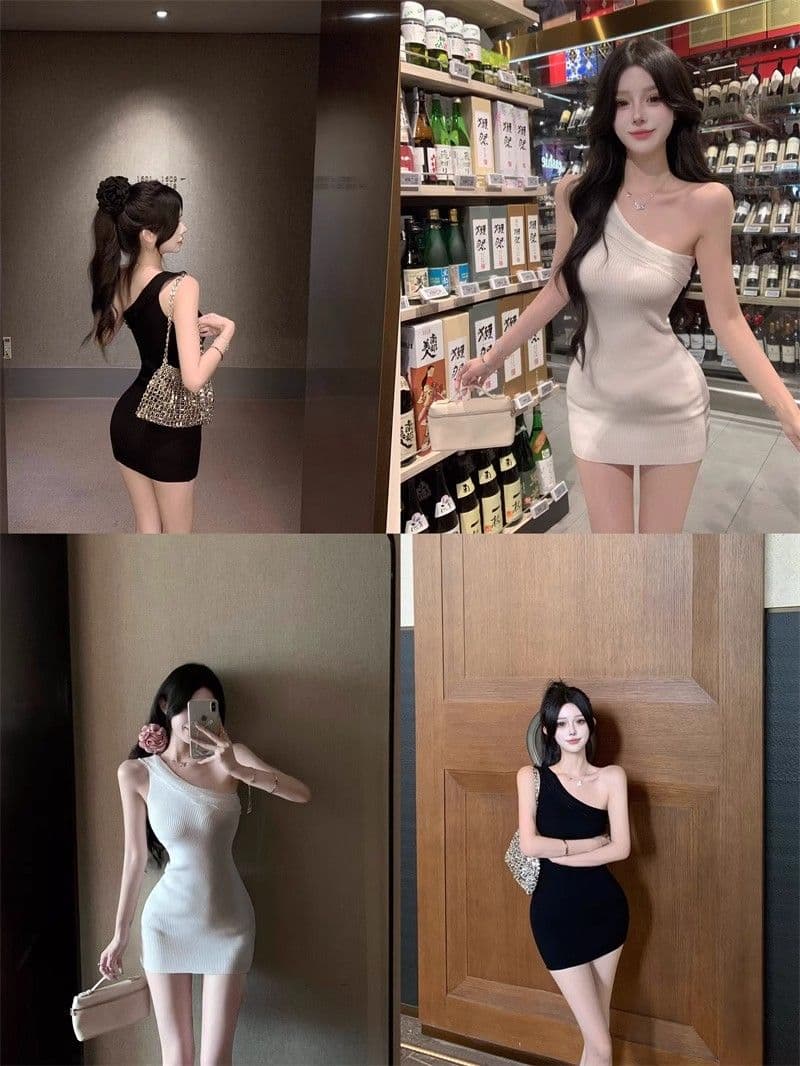프랑스식 품격 명문 여성 천 금빛 바람 비스듬한 어깨 프릴 디자인 센스 타이트 슬림해 보이는 몸매 가꾸기 니트 타이트 스커트 드레스 상세 이미지 7
